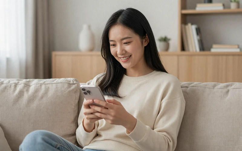 Asian woman reading a heartfelt message from her long-distance partner on her phone