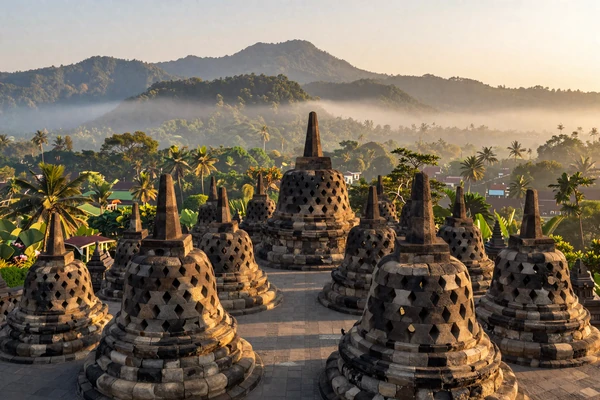 Majestic Borobudur temple at sunrise in Java Indonesia showcasing the nation's rich cultural heritage