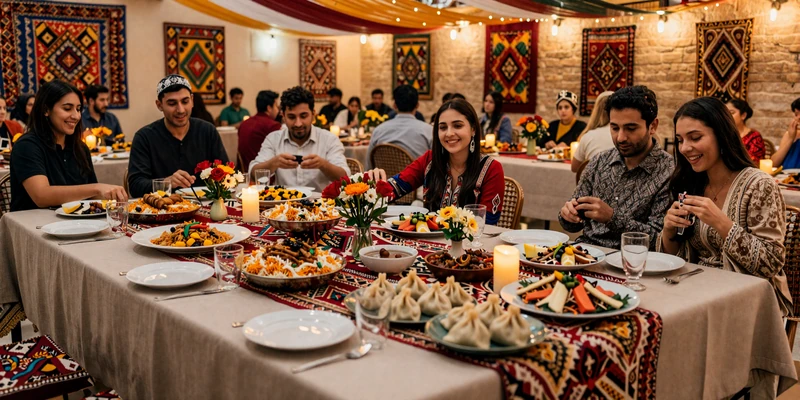 Traditional Afghan celebration table with kabuli pulao and festive decorations representing Afghan hospitality culture