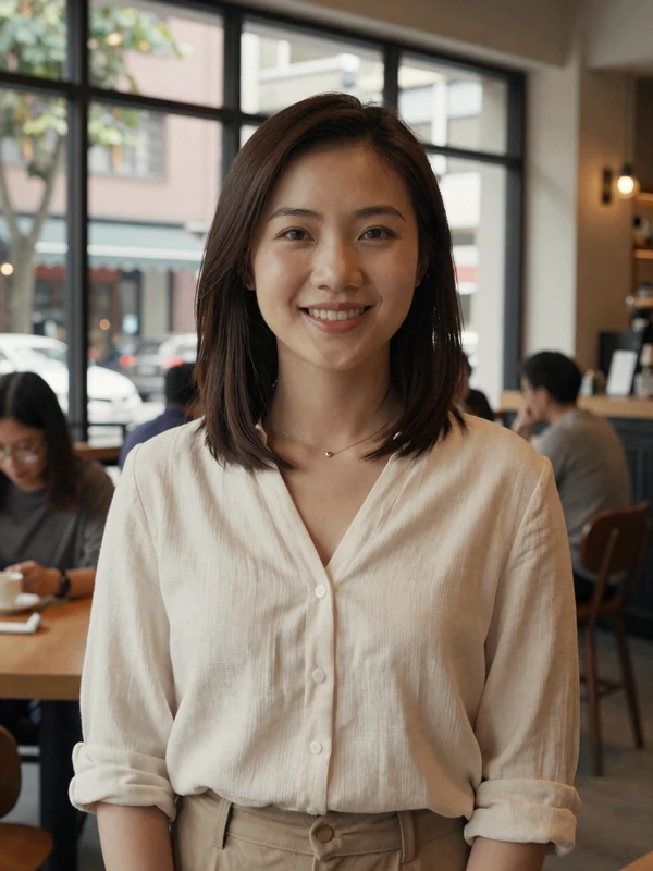 Stylish Taiwanese woman in modern Taipei cafe representing educated singles seeking meaningful relationships