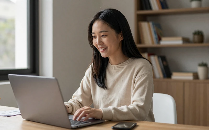 Asian woman on video call smiling during long-distance date with partner