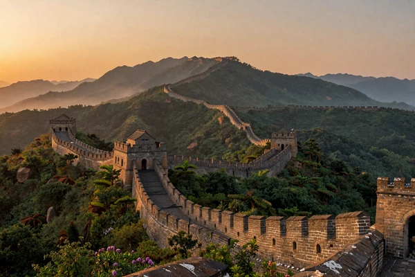 Great Wall of China winding through green mountains at golden hour representing Chinese cultural heritage