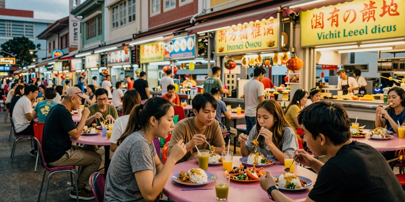 Singapore hawker center representing local food culture and ideal casual dating venues for Singaporean couples