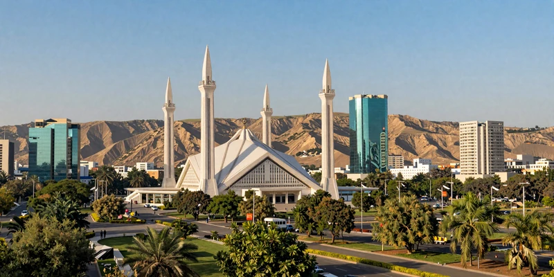 Modern Islamabad cityscape with Faisal Mosque and Margalla Hills showcasing urban Pakistan