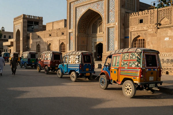 Colorful Lahore street showcasing Pakistani culture and Mughal architecture
