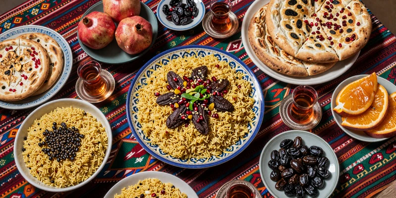 Traditional Tajik feast spread with plov qurutob and fresh bread on colorful dastarkhan representing Tajik hospitality culture