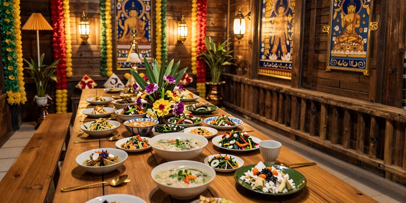Traditional Burmese celebration table with mohinga and tea leaf salad representing Myanmar hospitality and culinary traditions