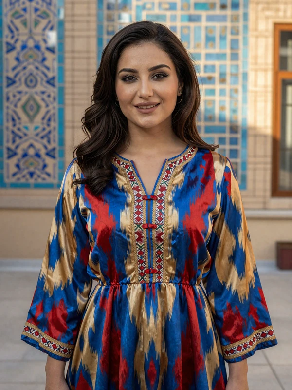 Uzbek woman in traditional colorful atlas silk dress representing Silk Road beauty and cultural heritage