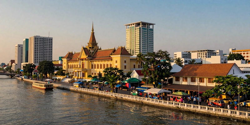 Modern Phnom Penh cityscape at twilight with Tonle Sap riverside promenade and mix of colonial and contemporary architecture