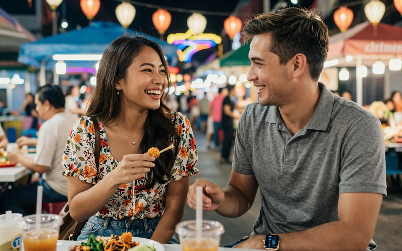 Couple enjoying street food at Thai night market representing Southeast Asian dating culture