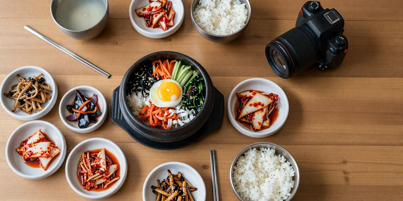 Traditional Korean meal spread with kimchi banchan and bibimbap representing Korean culinary heritage in dating culture