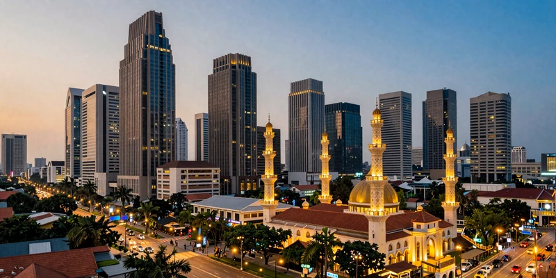 Modern Jakarta skyline at dusk showing Indonesia's vibrant capital city blending tradition and modernity