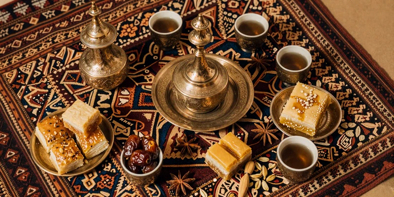 Traditional Yemeni coffee ceremony with brass dallah pot dates and honey cake representing Yemeni hospitality culture