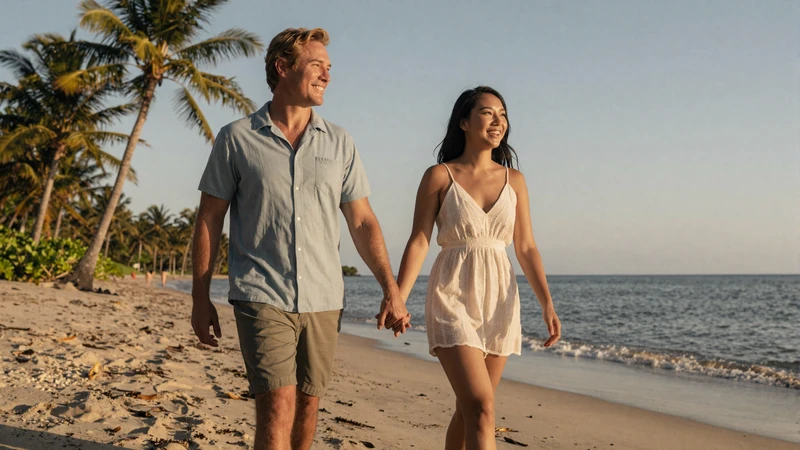 Happy interracial couple walking on tropical beach at sunset representing successful asian women dating