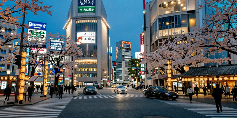 Modern Tokyo cityscape at twilight with Shibuya crossing and cherry blossoms blending tradition and modernity
