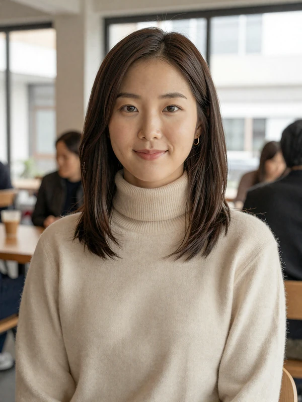 Korean woman of North Korean heritage in modern cafe representing resilient singles seeking meaningful relationships