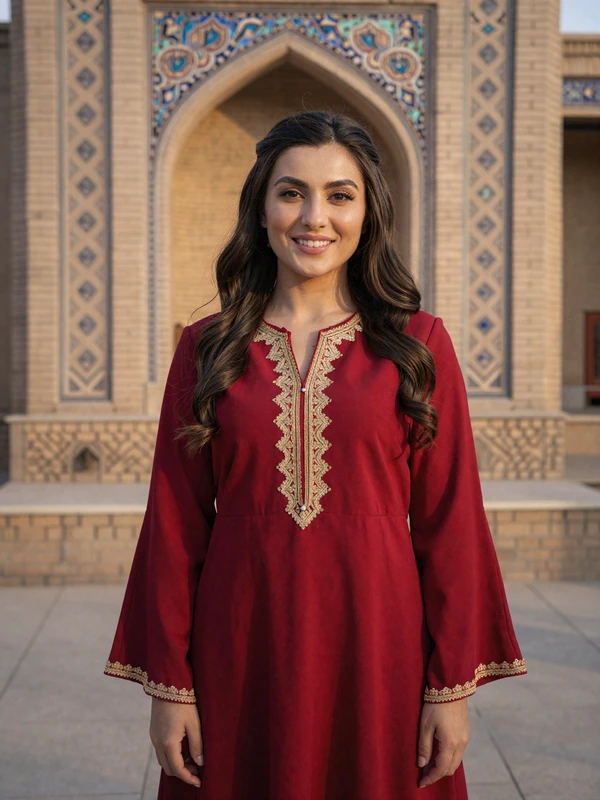 Turkmen woman in elegant traditional köýnek dress with gold embroidery representing educated singles seeking meaningful connections