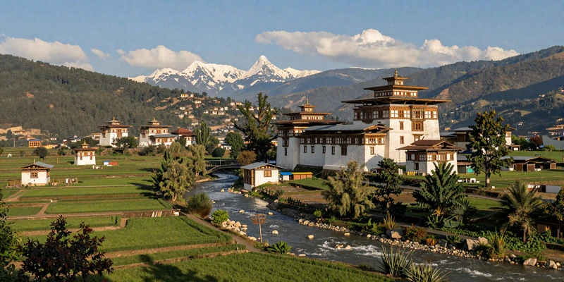 Paro Valley in Bhutan with traditional farmhouses and Himalayan mountains representing Bhutanese rural beauty