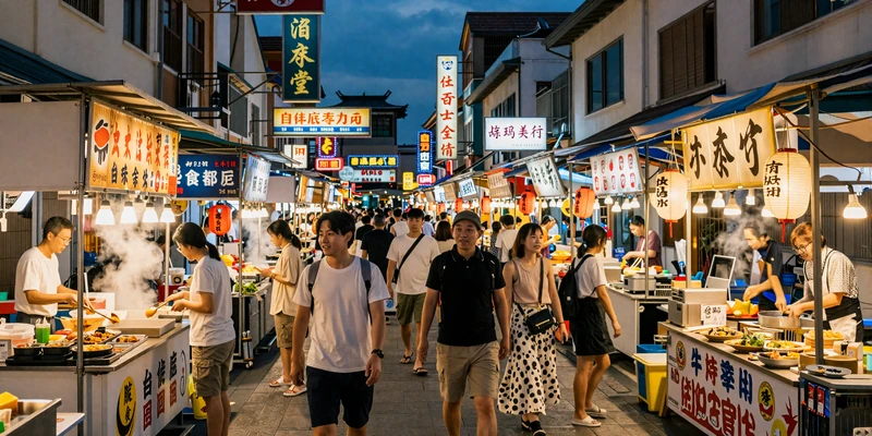 Vibrant Taiwanese night market with food stalls and lantern lights representing dating culture in Taiwan