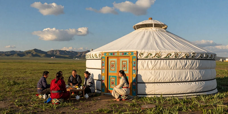 Traditional Mongolian ger yurt on green steppe with family gathering representing nomadic hospitality culture