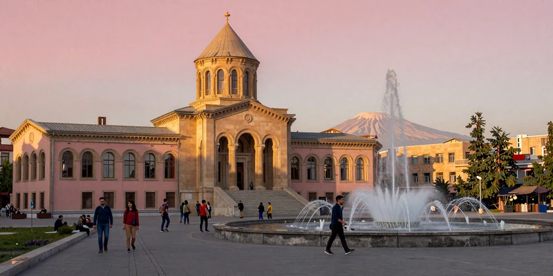 Yerevan Republic Square at sunset with pink tufa stone buildings and Mount Ararat in the background