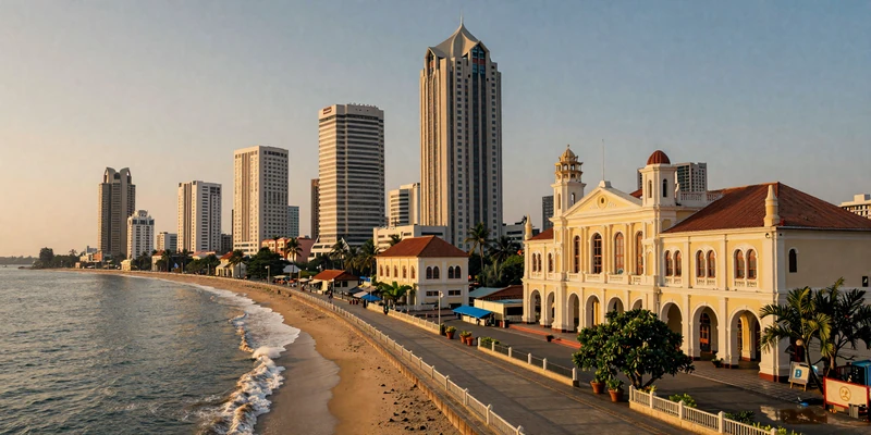 Modern Colombo Sri Lanka cityscape showing Galle Face Green promenade with Indian Ocean and skyscrapers at sunset