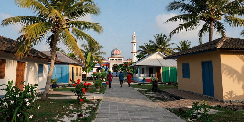 Traditional Maldivian island community with colorful houses and mosque representing island dating culture