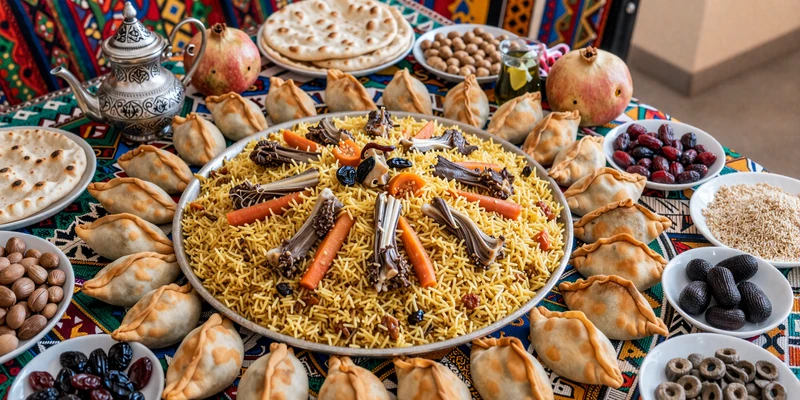 Traditional Uzbek plov feast with samsa flatbread and green tea representing Uzbek hospitality and culinary culture