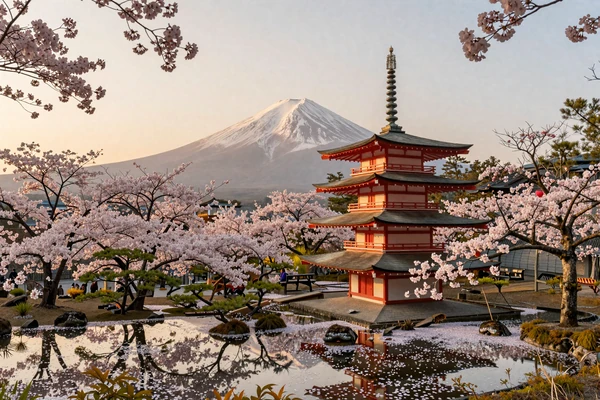 Traditional Japanese temple surrounded by cherry blossom trees with serene garden reflecting the beauty of Japan