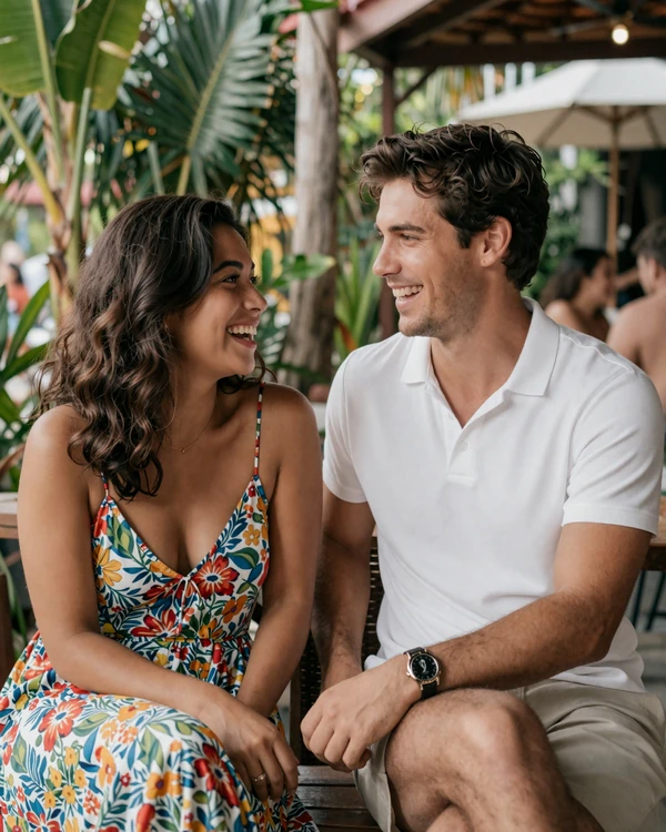 David and Maria, an American-Filipino couple laughing at a Cebu outdoor cafe - online dating success story