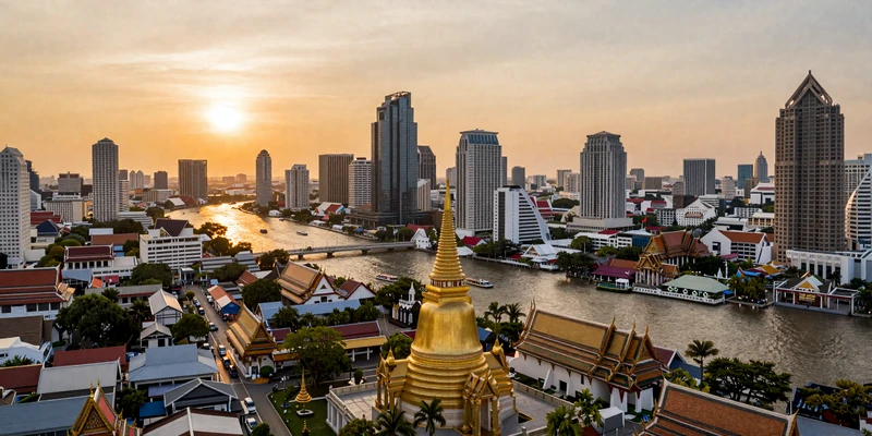 Modern Bangkok skyline blending golden Buddhist temples with contemporary skyscrapers along the Chao Phraya river