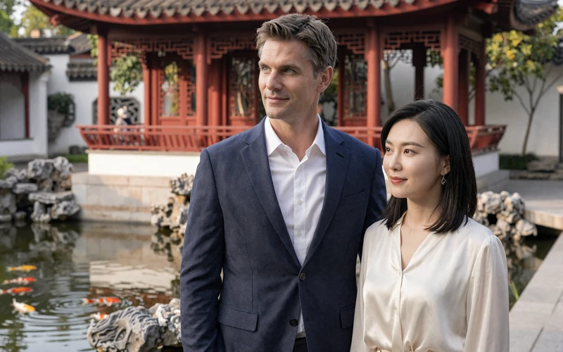 James and Mei, an American-Chinese couple standing in a traditional Chinese garden - international dating success