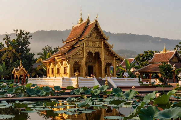 Golden Buddhist temple in Chiang Mai Thailand surrounded by tropical gardens representing Thai spiritual heritage