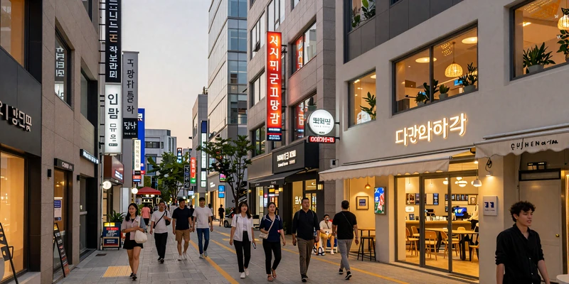 Modern Seoul Gangnam district street scene with trendy Korean architecture and evening golden light