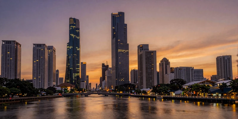 Modern Manila skyline at dusk with Makati skyscrapers illuminated against a warm sunset reflecting metropolitan ambition