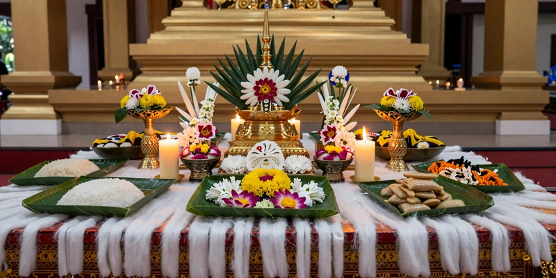 Traditional Lao baci ceremony table with white strings and floral offerings symbolizing spiritual blessing in relationships