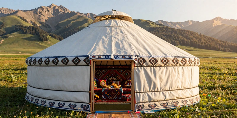 Traditional Kyrgyz yurt in alpine meadow with Tian Shan mountains showcasing nomadic hospitality culture