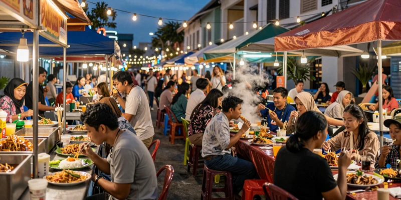 Malaysian night market in Penang showcasing multicultural food culture central to Malaysian dating and relationships