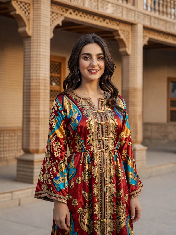 Beautiful Tajik woman in traditional colorful atlas silk dress representing educated singles seeking meaningful relationships