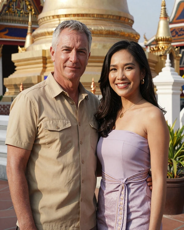 Robert and Araya, an American-Thai couple at a Bangkok temple - cross-cultural love story